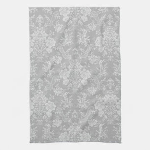 Linge De Cuisine Élégant romantique chic floral gris-damassé