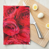 Linge De Cuisine Élégant rose aux fleurs rouges (Quart Plié)