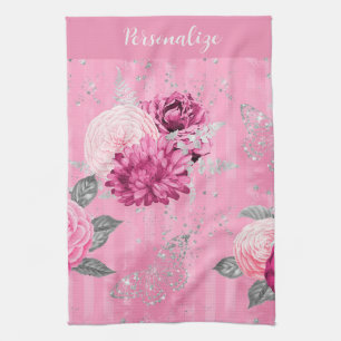 Linge De Cuisine Élégant rose Roses Parties scintillant Argent Papi