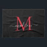 Linge De Cuisine Élégant script de monogramme de Bourgogne rouge no<br><div class="desc">Monogramme rouge du maroon de Bourgogne noire moderne Nom du script Serviette de cuisine</div>