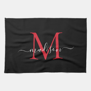Linge De Cuisine Élégant script de monogramme de Bourgogne rouge no