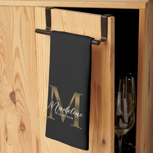 Linge De Cuisine Élégant script métal noir et or Monogramme (Pliage en tiers)