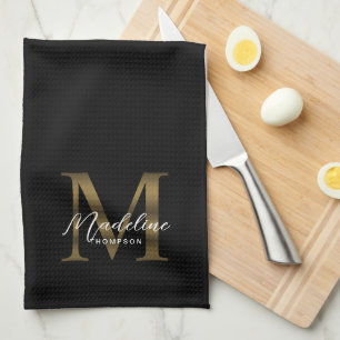 Linge De Cuisine Élégant Script métal noir Monogramme or
