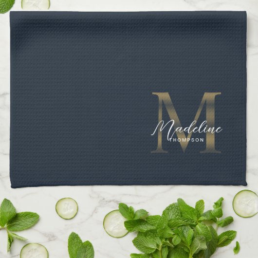 Linge De Cuisine Elegant Script Metallic Navy Blue Gold Monogram (Plié)