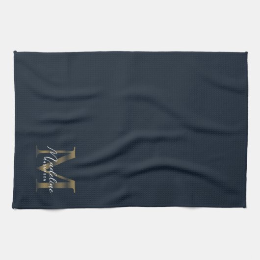 Linge De Cuisine Elegant Script Metallic Navy Blue Gold Monogram (Horizontal)