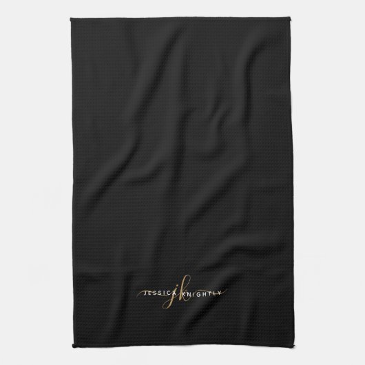Linge De Cuisine Élégant Script Monogramme Initiales Black Gold Mod (Vertical)