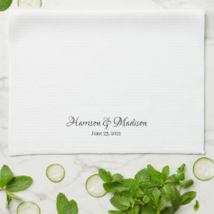 Linge De Cuisine Élégant script noir blanc personnalisé Mariage