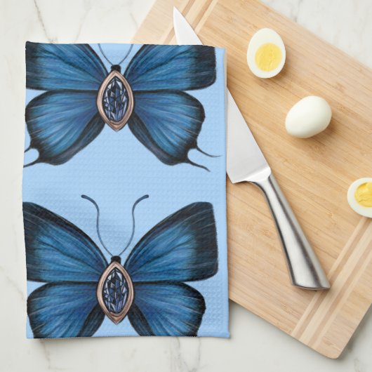 Linge De Cuisine Élégant Septembre Blue Sapphire Butterfly Motif (Quart Plié)