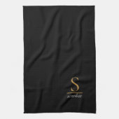 Linge De Cuisine Elegant Stylish Black Gold Monogram Script Name (Vertical)