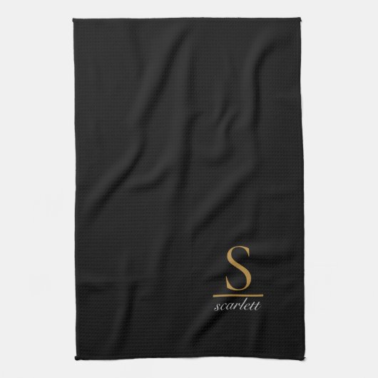 Linge De Cuisine Elegant Stylish Black Gold Monogram Script Name (Vertical)