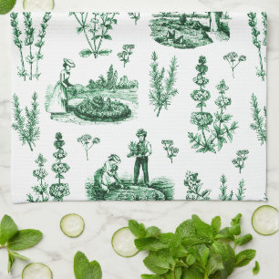 Linge De Cuisine Elégant Vintage Herbal Garden Sage Green Toile