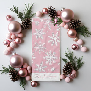 Linge De Cuisine Élégant Vintage Pink Snowflakes motif Noël