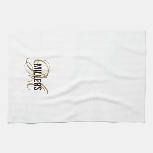 Linge De Cuisine Élégant White Gold Script Monogramme Nom de famill (Horizontal)