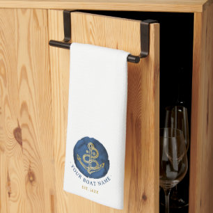 Linge De Cuisine Elégante Ancre aquarelle Nom nautique Marine Bleu