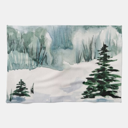 Linge De Cuisine Elégante aquarelle hiver Noël Arbres neige (Horizontal)
