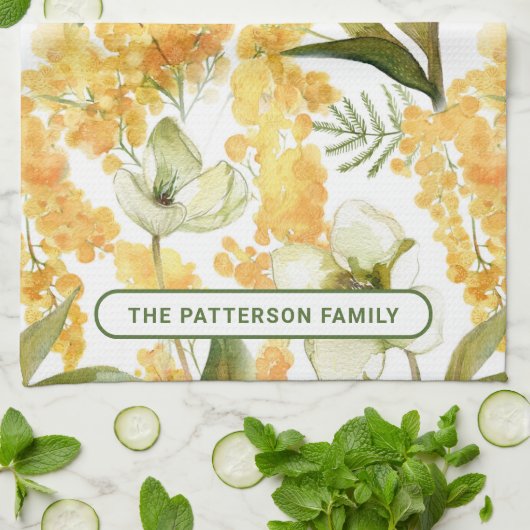 Linge De Cuisine Elégante aquarelle Jaune Botanique Nom floral (Plié)