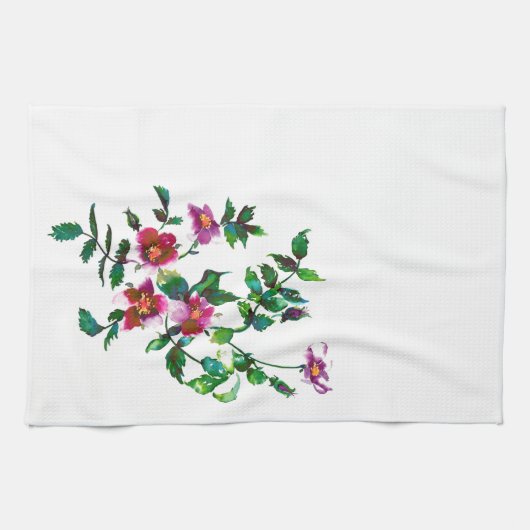 Linge De Cuisine Elégante aquarelle moderne fleur sauvage rose fonc (Horizontal)