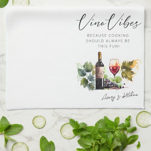 Linge De Cuisine Elégante aquarelle Vino Vibes Vineyard Citation (Plié)