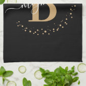 Linge De Cuisine Élégante Girly Black Gold Monogramme Nom Script (Plié)