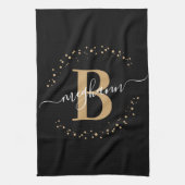 Linge De Cuisine Élégante Girly Black Gold Monogramme Nom Script (Vertical)