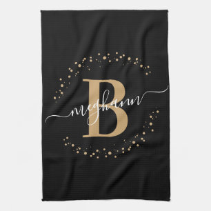 Linge De Cuisine Élégante Girly Black Gold Monogramme Nom Script