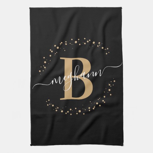 Linge De Cuisine Élégante Girly Black Gold Monogramme Nom Script (Vertical)