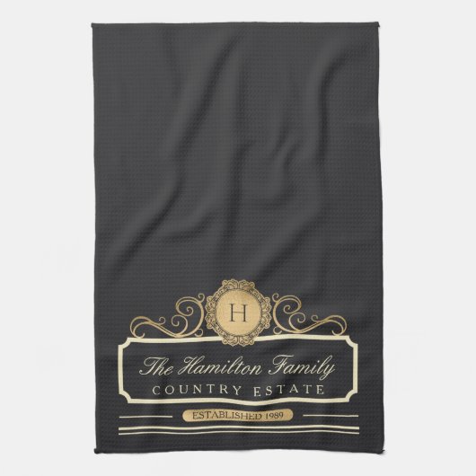 Linge De Cuisine Élégante Maison familiale Monogram Gold Charcoal C (Vertical)