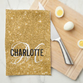 Linge De Cuisine Élégante parties scintillant or monogramme nom ser (Quart Plié)