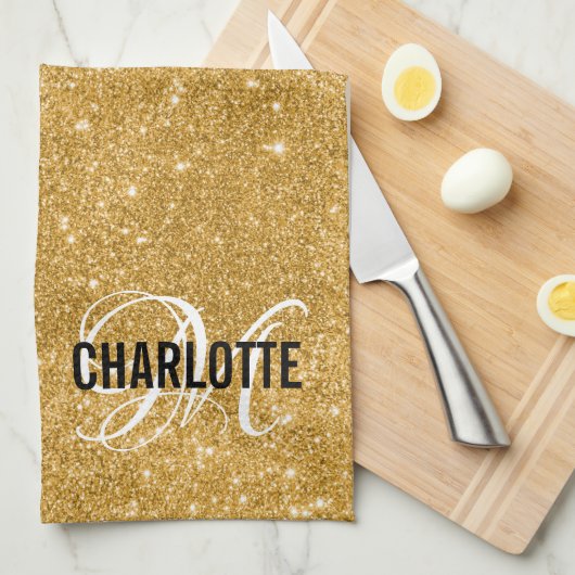 Linge De Cuisine Élégante parties scintillant or monogramme nom ser (Quart Plié)