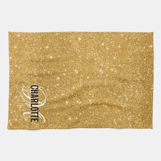 Linge De Cuisine Élégante parties scintillant or monogramme nom ser (Horizontal)