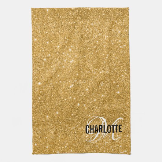 Linge De Cuisine Élégante parties scintillant or monogramme nom ser (Vertical)