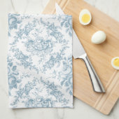 Linge De Cuisine Elégante toile florale blanche et bleue gravée (Quart Plié)