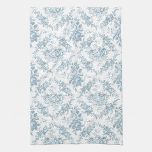 Linge De Cuisine Elégante toile florale blanche et bleue gravée