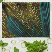 Linge De Cuisine Elégante Turquoise Abstraite Plumes Peacock Or | (Plié)