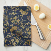 Linge De Cuisine Élégantes Fleurs d'or Bleu Botanique (Quart Plié)