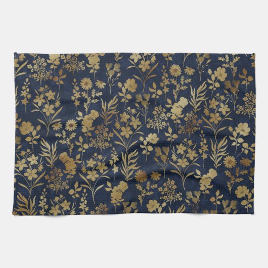 Linge De Cuisine Élégantes Fleurs d'or Bleu Botanique (Horizontal)