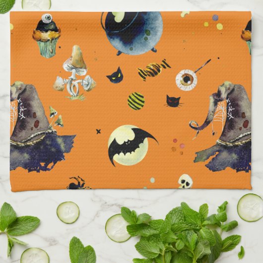 Linge De Cuisine Eléments d'Halloween sur Orange (Plié)