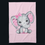 Linge De Cuisine Eléphant de bébé rose mignon avec oreilles Poka Do<br><div class="desc">Une serviette de cuisine avec une jolie illustration d'aquarelle d'éléphant rose. Elle a de jolies oreilles de pois roses et blancs et un joli ruban rose au-dessus de sa tête. L'Arrière - plan est rose clair avec des pois crème.</div>