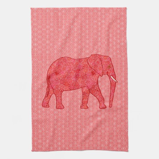 Linge De Cuisine Eléphant de fleurs - rouge profond et corail (Vertical)