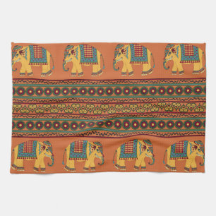 Linge De Cuisine Eléphants Indiens, Orange Traditionnel Sans Seamle