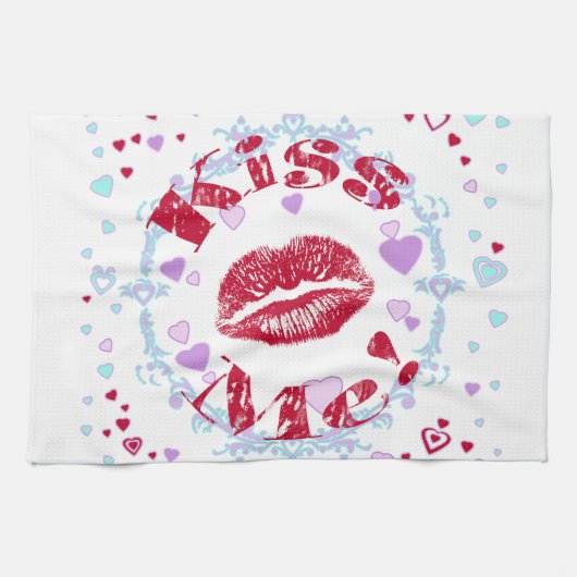 Linge De Cuisine Embrasse-moi ! Lèvres Rouges Avec des Cœurs (Horizontal)
