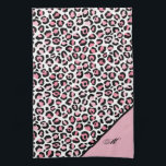 Linge De Cuisine Empreinte de léopard en rose blanc & noir avec Mon<br><div class="desc">Empreinte de léopard classique élégant en rose blanc & noir avec design Monogram. Offrez à votre cuisine un relooking de luxe avec cette serviette personnalisée.</div>