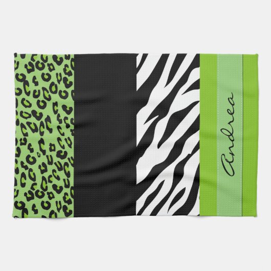 Linge De Cuisine Empreinte de léopard, Zebra Print, Vert, Votre nom (Horizontal)