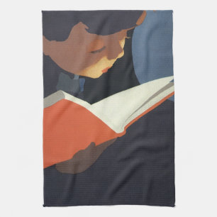 Linge De Cuisine Enfant de style vintage lisant un livre de la bibl