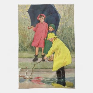 Linge De Cuisine Enfants vintage jouant dans les flaques "Une journ