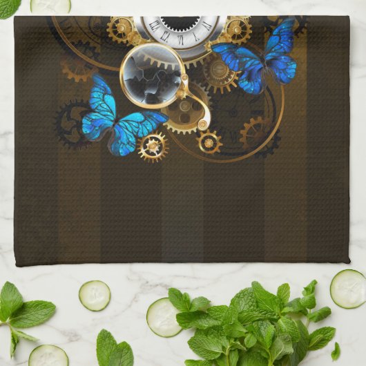 Linge De Cuisine Engrenages à vapeur et papillons bleus (Plié)