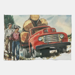 Linge De Cuisine Entreprise Vintage, Camion de Bois avec Bûcherons