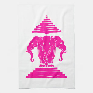 Linge De Cuisine Erawan rose trois éléphant en tête Lao / Laos Drap