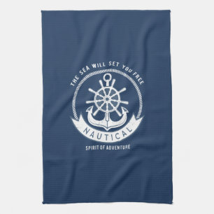 Linge De Cuisine Esprit nautique Ancre, Roue, Bleu marine