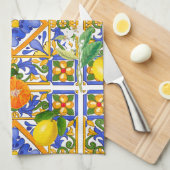 Linge De Cuisine Été, Carreaux siciliens, agrumes, oranges, majolic (Quart Plié)